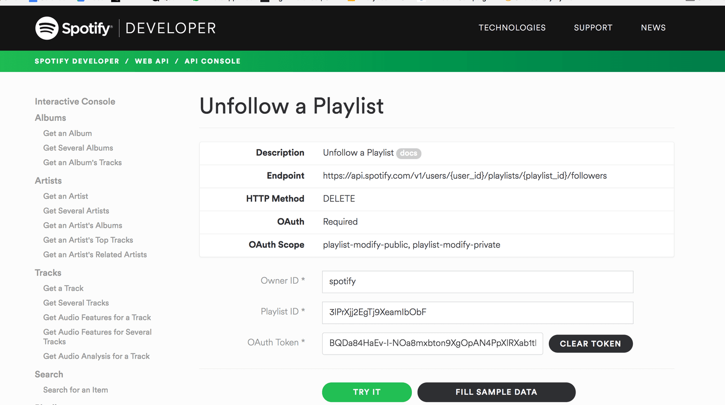 API DELETE example using Spotify