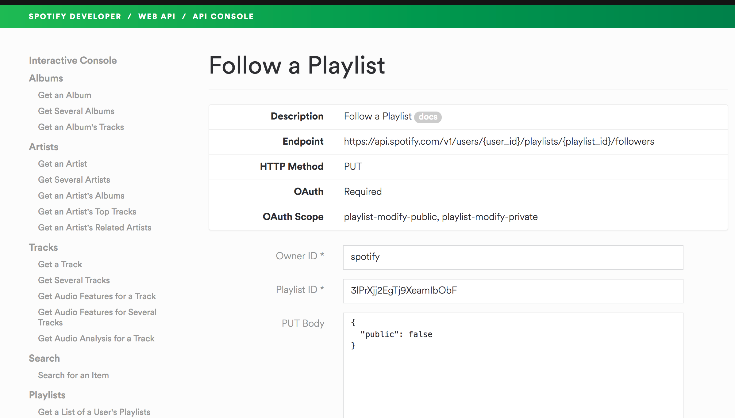 PUT API example using Spotify