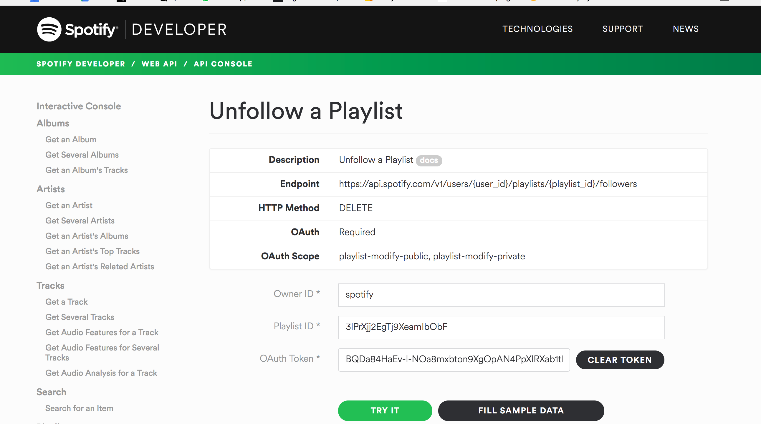 API DELETE example using Spotify