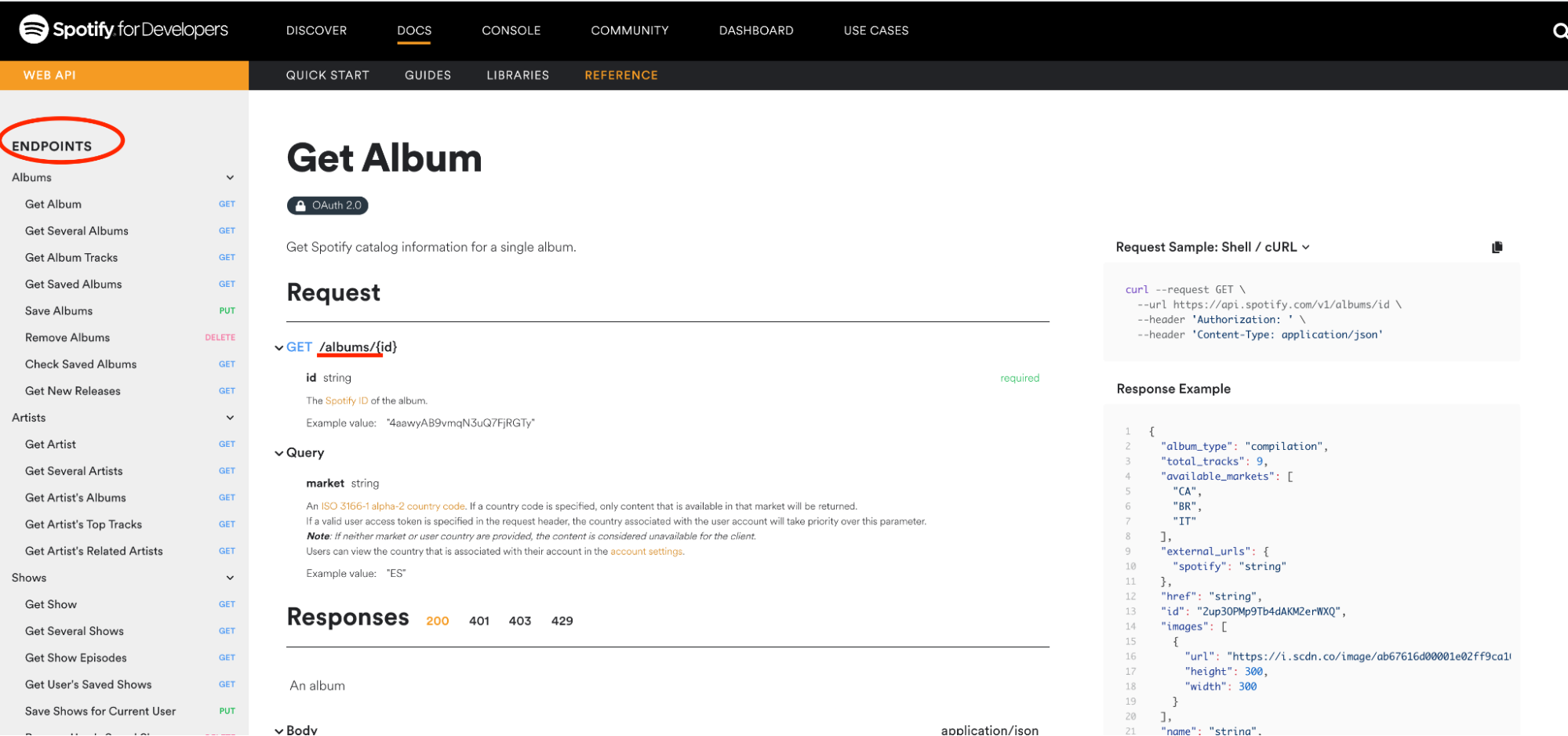 Spotify GET album example