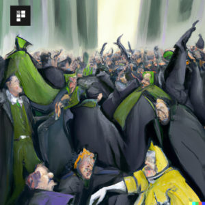 Artwork: a painting of venture capitalist bankers panicking after everyone withdrew their money at the same time causing chaos in the style of a gothic batman movie