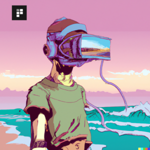 Briefing Artwork of VR headset worn on a beach in the style of an NFT
